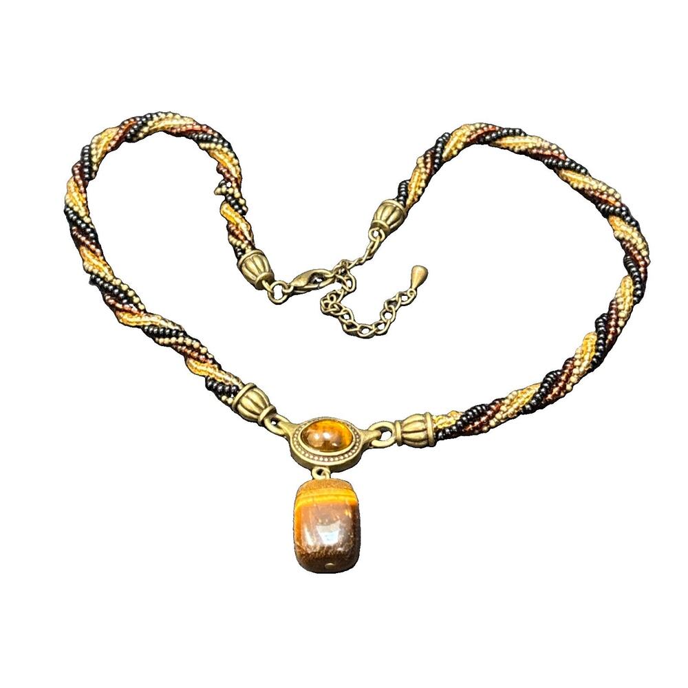 Vintage Tiger’s Eye Pendant Necklace Amber Tone Glass Cabochon Twist Glass Seed